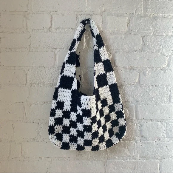 Vintage Bags Handmade Checkered Crochet Shoulder Bag From